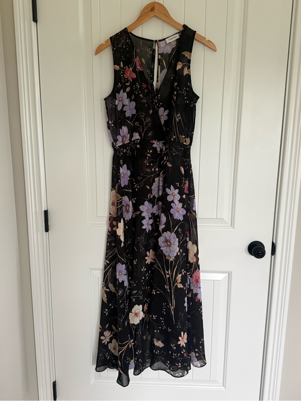 Calvin Klein Black Floral Chiffon Maxi Faux Wrap Dress Sheer 6 Whimsigoth Boho